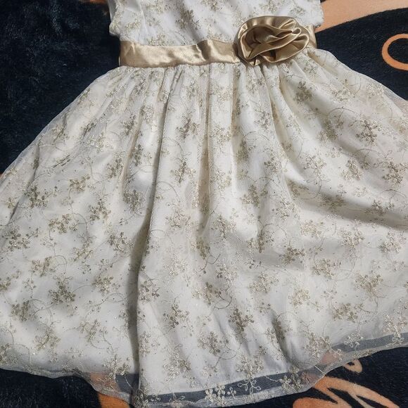 Laura Ashley London 5 White Gold Embroidered Shrtslv Bow Lined Girl'sFormalDress - Picture 4 of 9